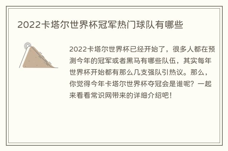 2023卡塔尔世界杯冠军热门球队有哪些